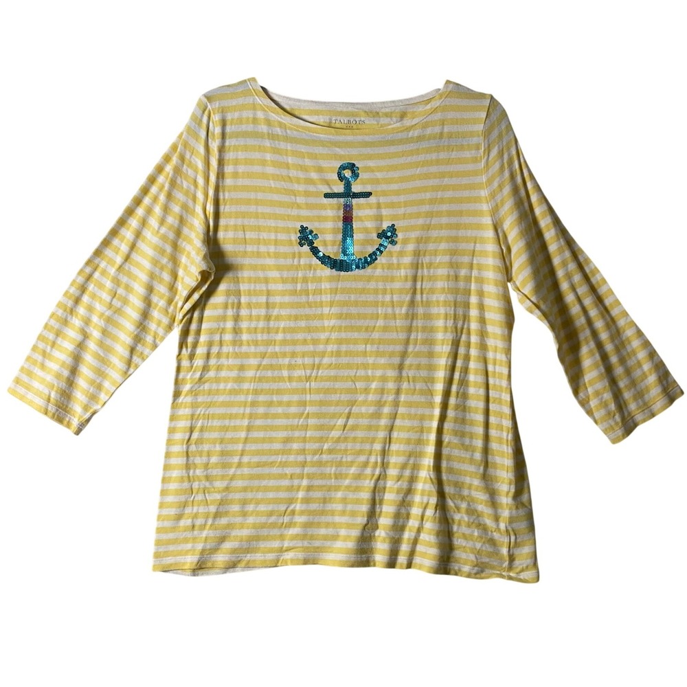 Talbots Women Yellow White Striped Sequin Anchor Boat Neck Nautical Top Large